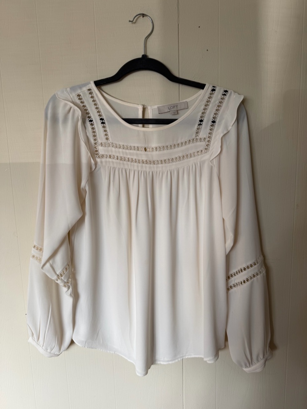 LOFT Cream Lace-Yoke Long Sleeve Peasant Blouse